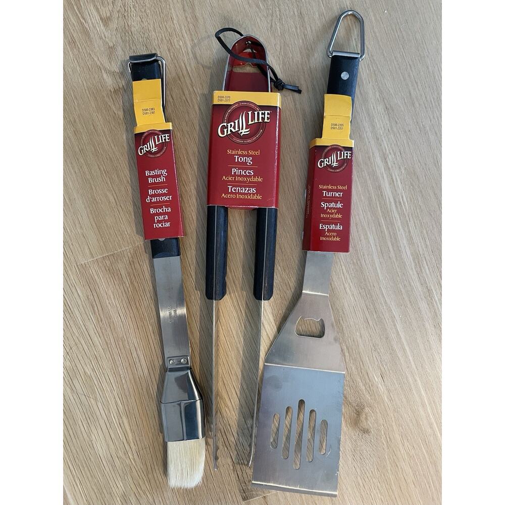 New 16” Grill Life 3 Piece Grill BBQ Set Spatula Tongs Basting Brush